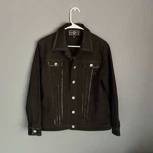 St John Sport Size M Cotton Stretch Denim Rhinestone Embellished Jean Jacket